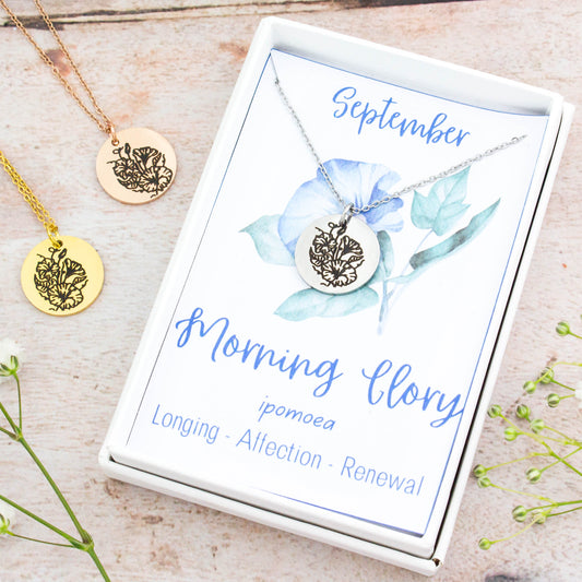 A beautiful birth flower necklace featuring September’s birth flower – Morning Glory. The necklace is available in silver, gold or rose gold stainless steel and can be personalised with an engraving on the reverse.