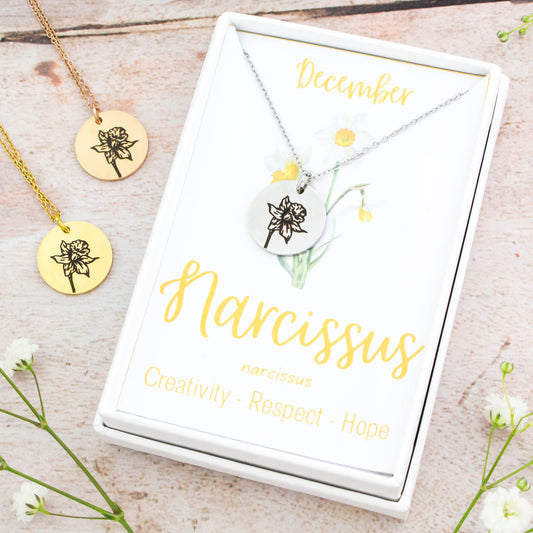 A beautiful birth flower necklace featuring December’s birth flower – Narcissus. The necklace is available in silver, gold or rose gold stainless steel and can be personalised with an engraving on the reverse.