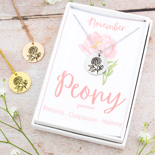 A beautiful birth flower necklace featuring November’s birth flower – Peony. The necklace is available in silver, gold or rose gold stainless steel and can be personalised with an engraving on the reverse.