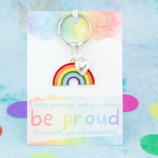 A rainbow and heart charm gift keyring backed onto a card that reads "A little reminder that you should be proud of yourself, you are wonderful!"