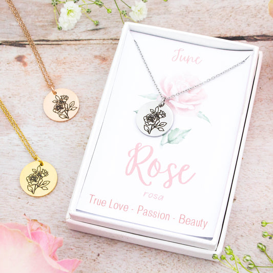 A beautiful birth flower necklace featuring June's birth flower – Rose. The necklace is available in silver, gold or rose gold stainless steel and can be personalised with an engraving on the reverse.