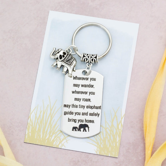 An adorable travel elephant keyring. It comes with two tags. The larger one is engraved with the quote "Wherever you may wander, wherever you may roam, may this tiny elephant guide you and safely bring you home." It also comes with an elephant charm and a smaller tag that can have your personalised message up to 30 characters. There is also an option to add a birthstone. It comes on a lovely backing card depicting some grey watercolour and some savannah grass.