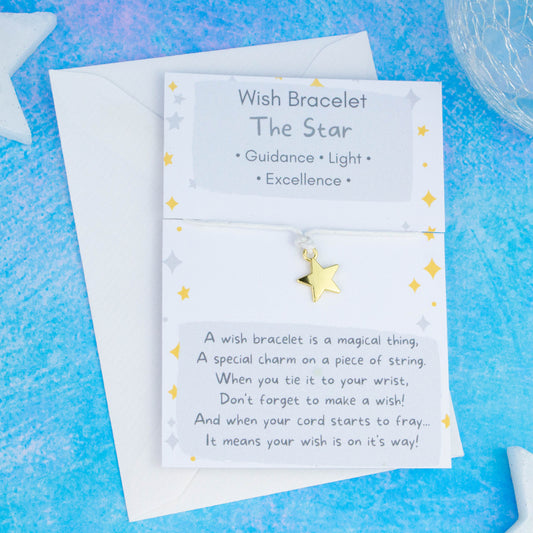 A cord with a gold star charm backed onto a card. The card has a little poem about making wishes with the bracelet by tying it on and letting the cord wear through.