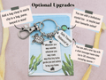 This shows the optional upgrades for the travel turtle keyring. You can add a bag clasp to easily attach it to bags, lanyards and more. You can also add a crystal birthstone.