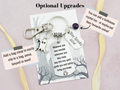 This infographic shows the optional upgrades for your travel Ghost keyring. You can add a clasp to clip it to a bag, you can add a birthstone and also a mini engraved tag with a short gift message on it. 