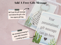 This infographic shows that we will print a free gift message onto a matching backing card to the travel otter and pop it into the free gift bag behind your gift. 