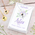 A beautiful birth flower necklace featuring September’s birth flower – Aster. The necklace is available in silver, gold or rose gold stainless steel and can be personalised with an engraving on the reverse. 