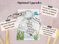 This infographic shows the optional upgrades for your travel otter keyring. You can add a clasp to clip it to a bag, you can add a birthstone and also a mini engraved tag with a short gift message on it. 