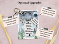 This infographic shows the optional upgrades for your travel wolf keyring. You can add a clasp to clip it to a bag, you can add a birthstone and also a mini engraved tag with a short gift message on it. 