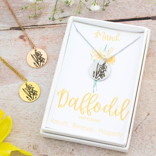 A beautiful birth flower necklace featuring March's birth flower - the Daffodil. The necklace is available in silver, gold or rose gold stainless steel and can be personalised with an engraving on the reverse.