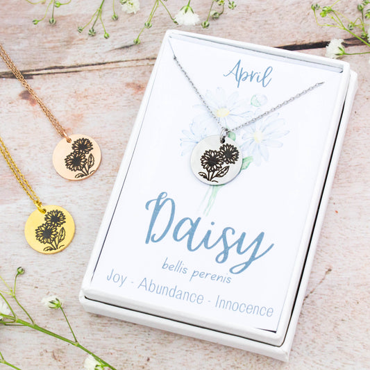 A beautiful birth flower necklace featuring April's birth flower - the Daisy. The necklace is available in silver, gold or rose gold stainless steel and can be personalised with an engraving on the reverse.