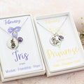 The two birth flower necklaces for February - Iris and Primrose.