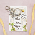 This shows the fully personalised travel leopard keyring which includes the silver leopard charm, the engraved quote tag which reads: “Wherever you may wander, wherever you may roam, may this tiny leopard guide you and bring you safely home” a birthstone and a mini engraved gift message tag. It also has a clasp to attach to a bag. 