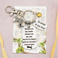 This shows the fully personalised travel leopard keyring which includes the silver leopard charm, the engraved quote tag which reads: “Wherever you may wander, wherever you may roam, may this tiny leopard guide you and bring you safely home” a birthstone and a mini engraved gift message tag. It also has a clasp to attach to a bag. 