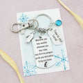 This shows the fully personalised travel Penguin keyring which includes the silver Penguin charm, the engraved quote tag which reads: “Wherever you may wander, wherever you may roam, may this tiny Penguin guide you and bring you safely home” a birthstone and a mini engraved gift message tag. It also has a clasp to attach to a bag. 