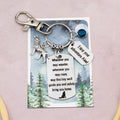 This shows the fully personalised travel wolf keyring which includes the silver wolf charm, the engraved quote tag which reads: “Wherever you may wander, wherever you may roam, may this tiny wolf guide you and bring you safely home” a birthstone and a mini engraved gift message tag. It also has a clasp to attach to a bag. 