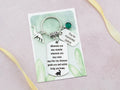 The travel Dinosaur gift keyring shown with a birthstone and mini tag but no bag clasp. 