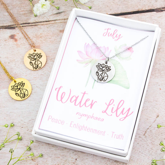 A beautiful birth flower necklace featuring July's birth flower – Water Lily. The necklace is available in silver, gold or rose gold stainless steel and can be personalised with an engraving on the reverse. 