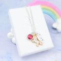 Enamel Pink Unicorn Pendant with initial and birthstone crystal. Silver chain.