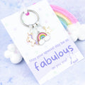 Unicorn birthday gift keyring. A unicorn, rainbow and gold star charm keychain. It is backed onto a card that reads 