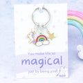 A unicorn gift keyring with three charms, a unicorn, a rainbow and a gold star. The backing card reads 